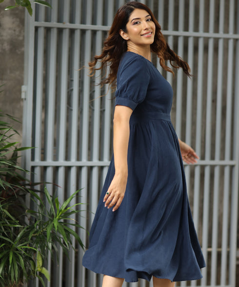 High-Square Neck Midi Linen Blue Dress